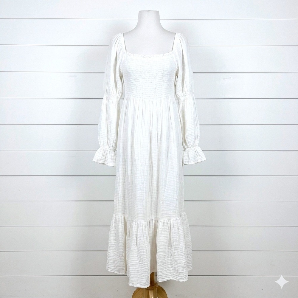 Nothing Fits But Dress White Smocked Puff Sleeve Gauze Maternity Small